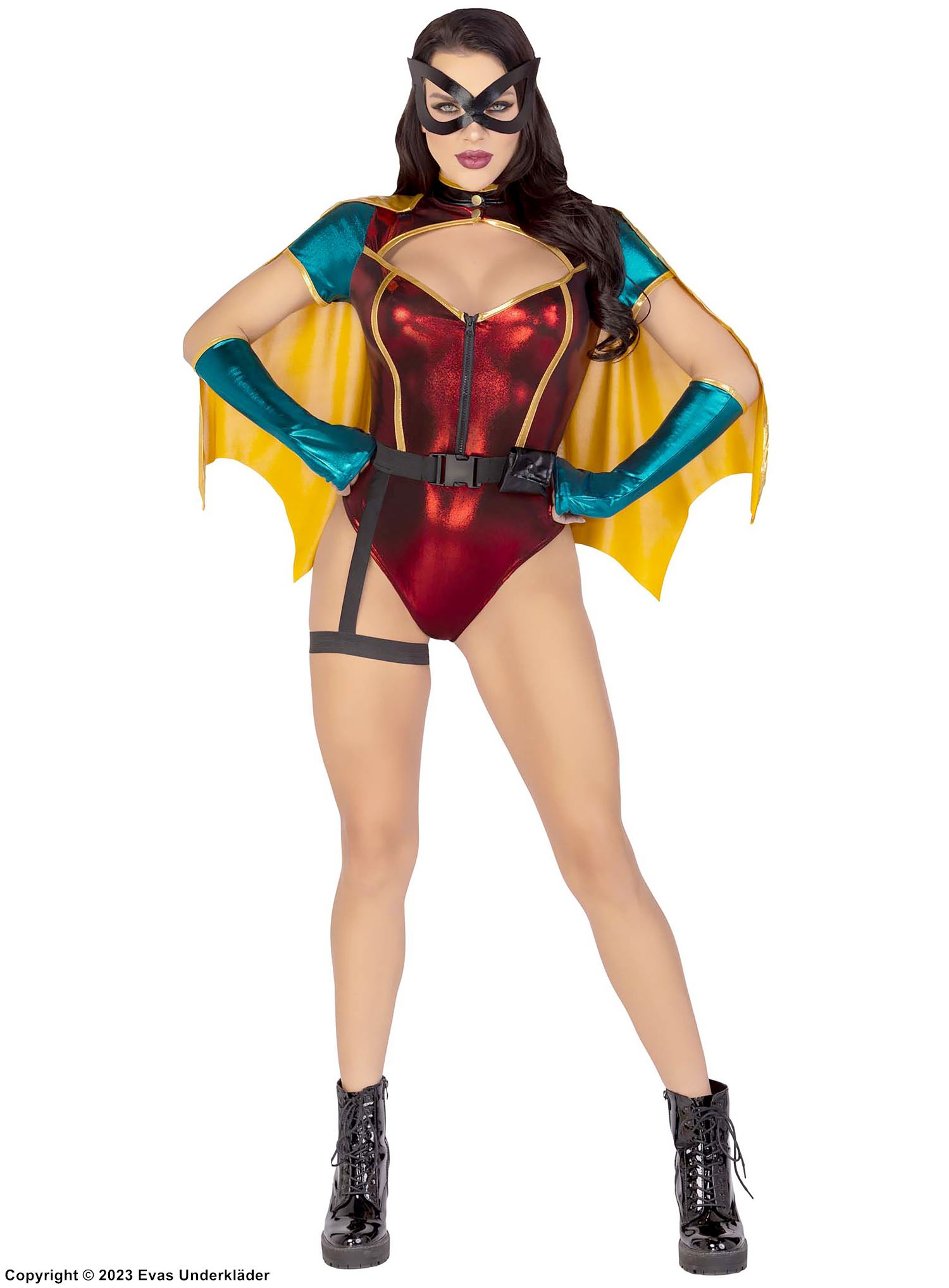 Superheld, Kostüm-Dessous-Body, schillernder Gewebe, kurze Ärmel, Front-Reißverschluss